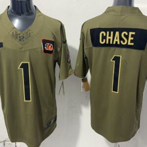 Nike Bengals 1 Ja'Marr Chase Olive 2025 Salute to Service F.U.S.E. Vapor Limited Men Jersey