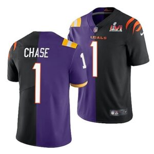 Nike Bengals x LSU Tigers 1 Ja'Marr Chase Purple Black 2022 Super Bowl LVI Split Limited Men Jersey