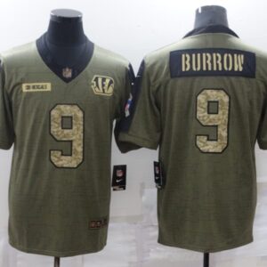 Nike Bengals 9 Joe Burrow 2021 Olive Camo Salute To Service Limited Men Jersey