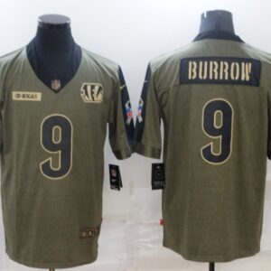 Nike Cincinnati Bengals 9 Joe Burrow 2021 Olive Salute To Service Limited Men Jersey