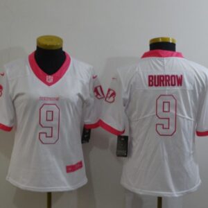 Nike Bengals 9 Joe Burrow White Pink Limited Women Jersey