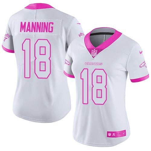 Broncos 18 Peyton Manning White Pink Stitched Limited Rush Fashion Women Jersey