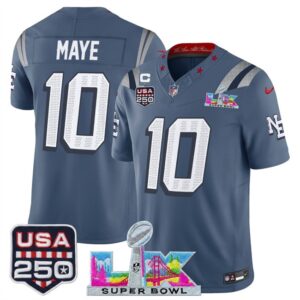 New England Patriots 10 Drake Maye Blue  F.U.S.E. Vapor Limited Men Jersey with 2026 Super Bowl LX & C patch & USA 250 Patches