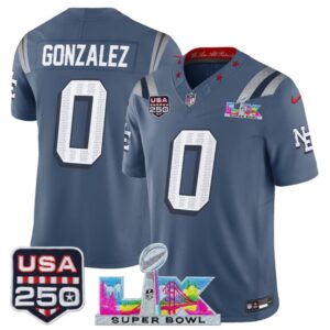 Patriots 0 Christian Gonzalez Blue Rivalries F.U.S.E. Vapor Limited Men Jersey with 2026 Super Bowl LX & USA 250 Patches