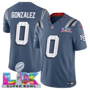 New England Patriots 0 Christian Gonzalez Storm Blue 2026 Super Bowl LX Rivalries F.U.S.E. Vapor Limited Men Jersey