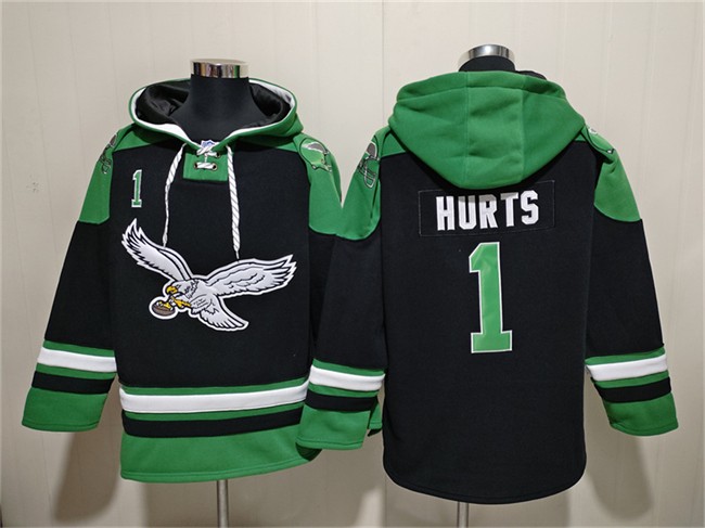 Philadelphia Eagles 1 Jalen Hurts Black Ageless Must-Have Lace-Up Pullover Hoodie