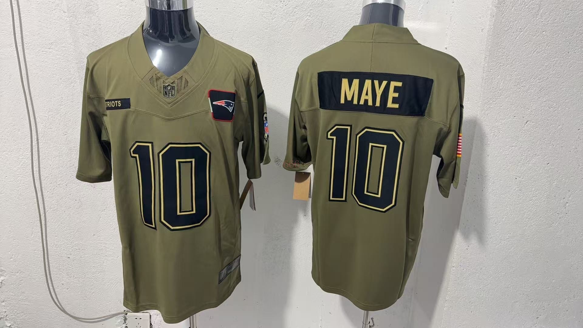 Nike Patriots 10 Drake Maye Olive 2025 Salute to Service F.U.S.E. Vapor Limited Men Jersey
