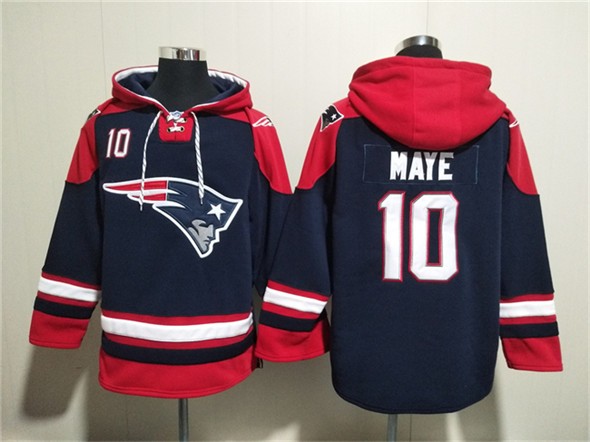 Patriots 10 Drake Maye Navy Ageless Must-Have Lace-Up Pullover Hoodie