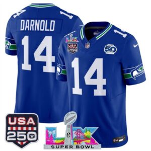 Seattle Seahawks 14 Sam Darnold Royal F.U.S.E. Vapor Limited Men Jersey with 2026 Super Bowl LX & 50th & USA 250 Patches