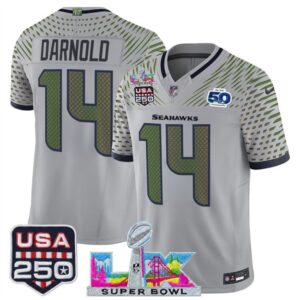 Seattle Seahawks 14 Sam Darnold Gray Rivalries F.U.S.E. Vapor Limited Men Jersey with 2026 Super Bowl LX & 50th & USA 250 Patches