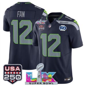 Seattle Seahawks 12 Fan Navy F.U.S.E. Vapor Limited Men Jersey with 2026 Super Bowl LX & 50th & USA 250 Patches