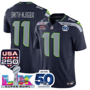 Seattle Seahawks 11 Jaxon Smith-Njigba Navy F.U.S.E. Vapor Limited Men Jersey with 2026 Super Bowl LX & 50th  & USA 250 Patches