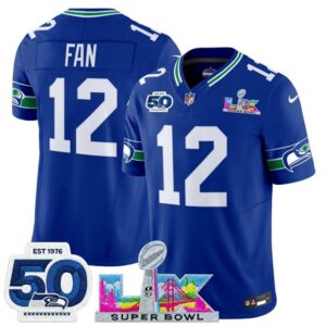 Seattle Seahawks 12 Fan Royal 2026 Super Bowl LX & 50th Patches F.U.S.E. Vapor Limited Men Jersey
