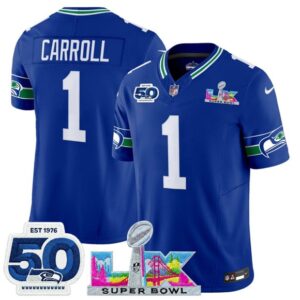Seattle Seahawks 1 Pete Carroll Royal  2026 Super Bowl LX & 50th Patches F.U.S.E. Vapor Limited Men Jersey