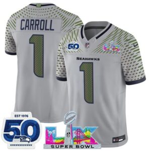 Seattle Seahawks 1 Pete Carroll Gray 2026 Super Bowl LX & 50th Patches Rivalries F.U.S.E. Vapor Limited Men Jersey