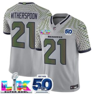 Seattle Seahawks 21 Devon Witherspoon Gray 2026 Super Bowl LX & 50th Patches Rivalries F.U.S.E. Vapor Limited Men Jersey