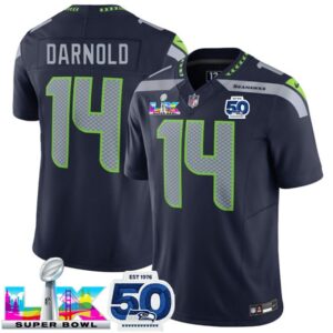 Seattle Seahawks 14 Sam Darnold Navy 2026 Super Bowl LX & 50th Patches F.U.S.E. Vapor Limited Men Jersey
