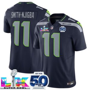 Seattle Seahawks 11 Jaxon Smith-Njigba Navy 2026 Super Bowl LX & 50th Patches F.U.S.E. Vapor Limited Men Jersey