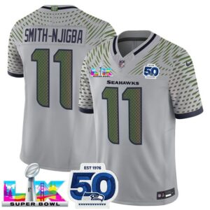 Seattle Seahawks 11 Jaxon Smith-Njigba Gray 2026 Super Bowl LX & 50th Patches Rivalries F.U.S.E. Vapor Limited Men Jersey