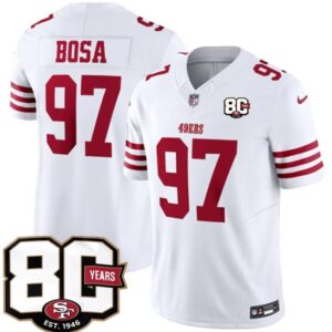San Francisco 49ers 97 Nick Bosa White 2026 F.U.S.E. Vapor Limited Men Jersey with 80th Anniversary Patch