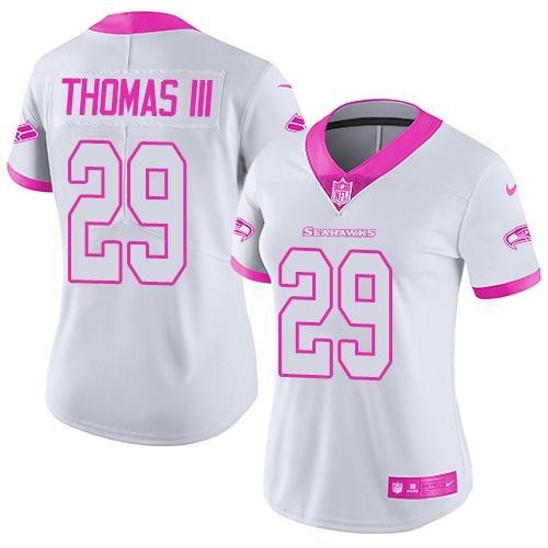 Seahawks 29 Earl Thomas III White Pink Stitched Limited Rush Fashion Women Jersey