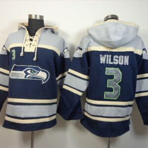 Seattle Seahawks No.3 Russell Wilson Navy Blue Sawyer Hooded Sweatshirt Men's Football Jersey