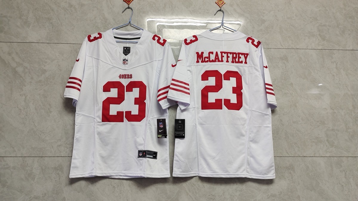 Nike 49ers 23 Christian McCaffrey White 2023 F.U.S.E Vapor Limited Men Jersey