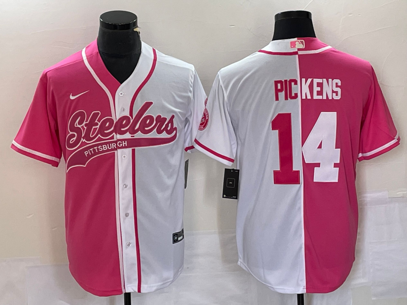 Nike Steelers 14 George Pickens White Pink Split Baseball Vapor Limited Men Jersey