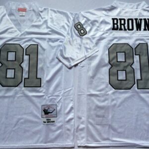 Mitchell and Ness Raiders 81 Tim Brown White Throwback Jersey With Silver Number