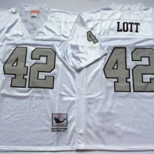 Mitchell and Ness Raiders 42 Ronnie Lott White Throwback Jersey With Silver Number
