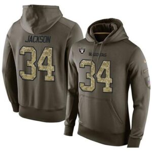 Men Raiders 34 Bo Jackson Green Olive Salute To Service KO Performance Hoodie