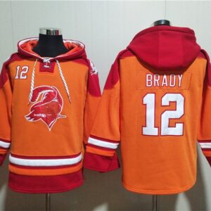 Buccaneers 12 Tom Brady Orange Red Ageless Must-Have Lace-Up Pullover Hoodie