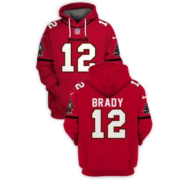 Buccaneers 12 Tom Brady Red 2021 Stitched New Hoodie