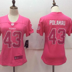 Steelers 43 Troy Polamalu Pink Stitched Limited Rush Fashion Women Jersey