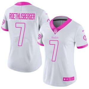 Steelers 7 Ben Roethlisberger White Pink Stitched Limited Rush Fashion Women Jersey