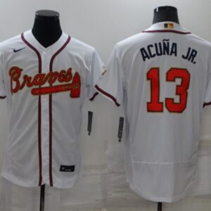 MLB Braves 13 Ronald Acuna 2022 White Gold Nike Flexbase Men Jersey