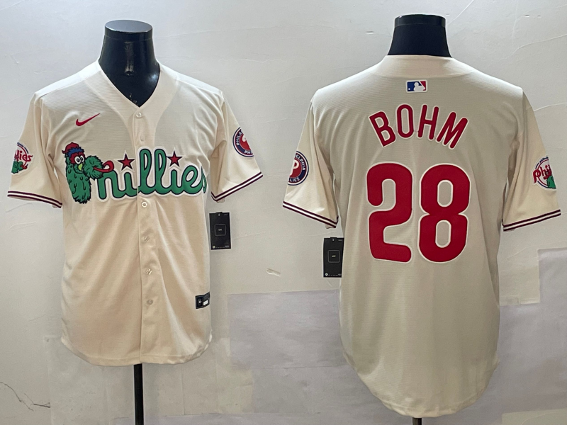 MLB Phillies 28 Alec Bohm Cream Nike Cool Base Men Jersey