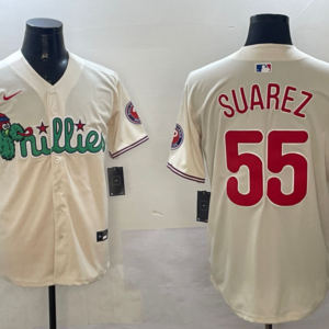 MLB Phillies 55 Suarez Cream Nike Cool Base Men Jersey