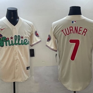 MLB Phillies 7 Trea Turner Cream Nike Cool Base Men Jersey