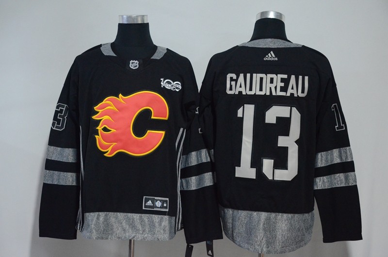 Flames 13 Johnny Gaudreau Black 100th Anniversary Men Jersey