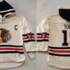 Blackhawks 19 Jonathan Toews Cream Heavyweight Pullover Hoodie Men Jersey