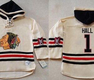 Blackhawks 1 Glenn Hall Cream Heavyweight Pullover Hoodie Men Jersey
