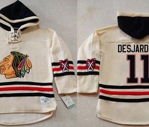 Blackhawks 11 Andrew Desjardins Cream Heavyweight Pullover Hoodie Men Jersey