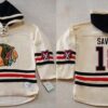 Blackhawks 18 Denis Savard Cream Heavyweight Pullover Hoodie Men Jersey