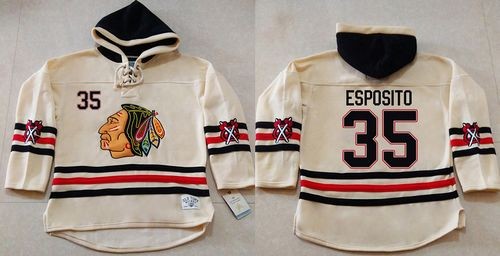 Blackhawks 35 Tony Esposito Cream Heavyweight Pullover Hoodie Men Jersey