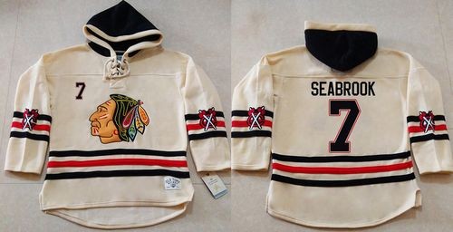 Blackhawks 7 Brent Seabrook Cream Heavyweight Pullover Hoodie Men Jersey