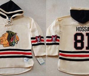 Blackhawks 81 Marian Hossa Cream Heavyweight Pullover Hoodie Men Jersey