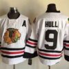 Blackhawks 9 Bobby Hull White A Patch CCM Throwback Men Jersey