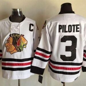 Blackhawks 3 Pierre Pilote White C Patch CCM Throwback Men Jersey