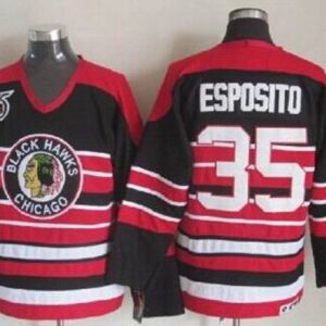 Blackhawks 35 Tony Esposito Red Black 75TH CCM Men Jersey